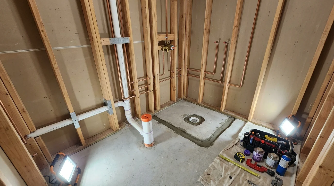 Bathroom rough-in plumbing during remodel by Johns Plumbing LLC in Christiana