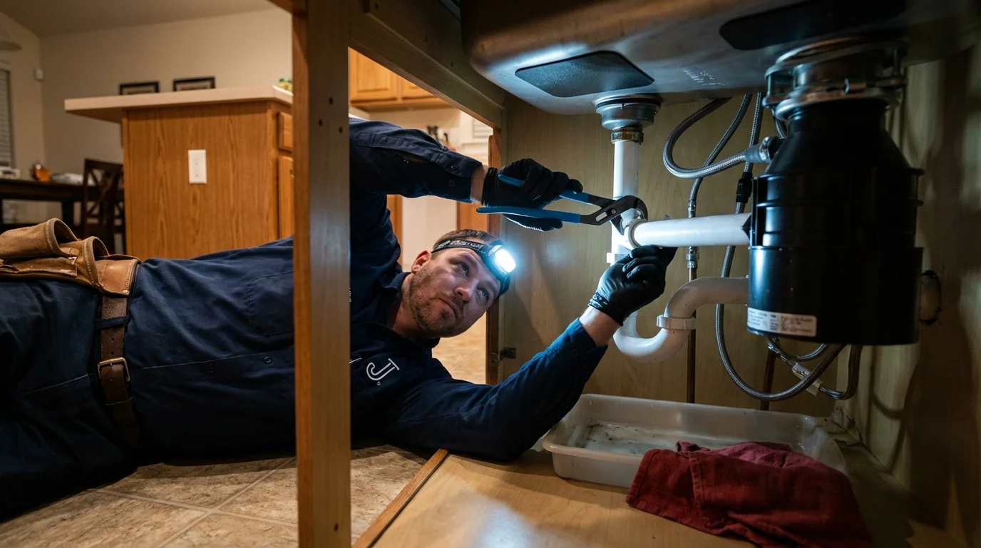 P-trap and supply line connections under a kitchen sink showing a common leak point in Christiana, PA